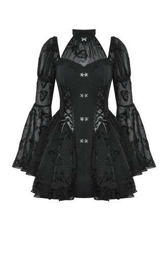 Dark In Love Women Black Gothic Lolita Butterfly Print Bell Sleeve Short Dress - Picture 15 of 23
