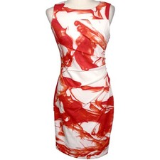 Calvin Klein Dress Women 2 Red White Sheath Wave Abstract Side Pleat Party NWT
