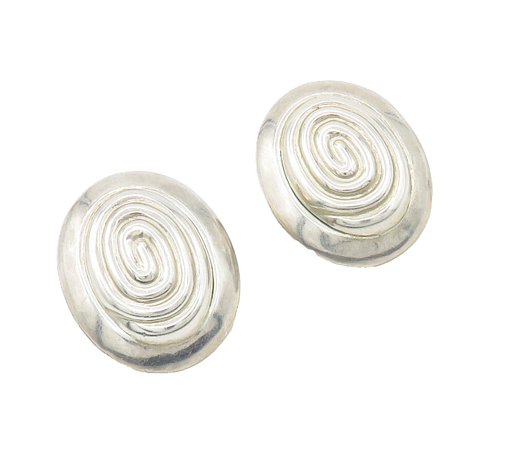 MEXICO 925 Silver Vintage Shiny Spiral Dome Non Pierce Drop Earrings EG7779