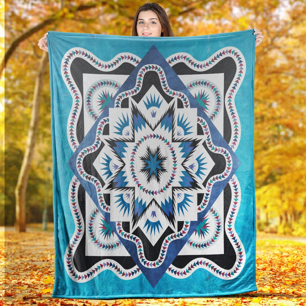 Native Star Blanket, Vintage Blue Lakota Star Fleece, Sherpa Blanket