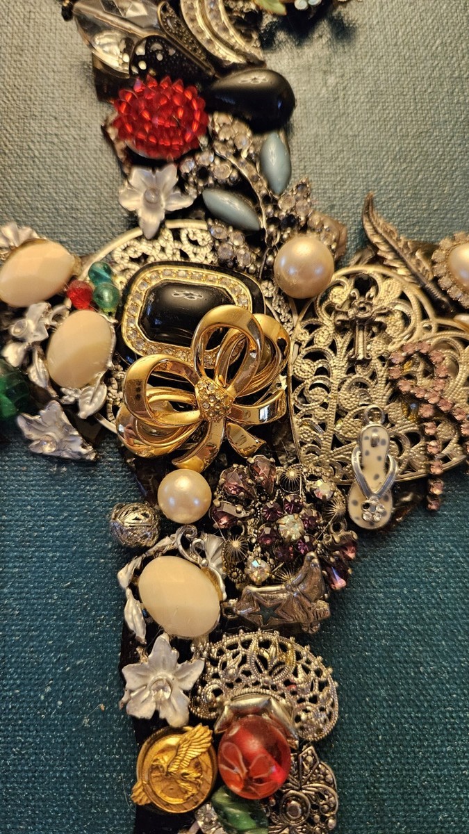 VTG OOAK Costume Jewelry Mixed Media Art Cross on Canvas Wall