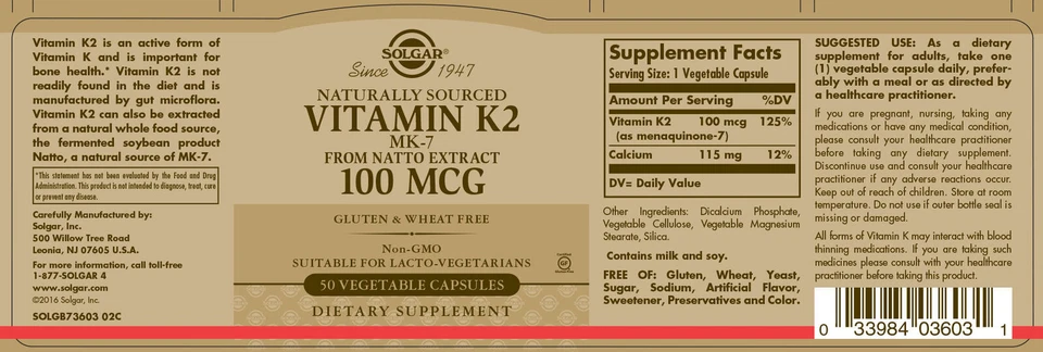 Solgar Vitamina K2 MK 7 100 mcg 50 Cápsulas Vegetales Foto 2 de 2