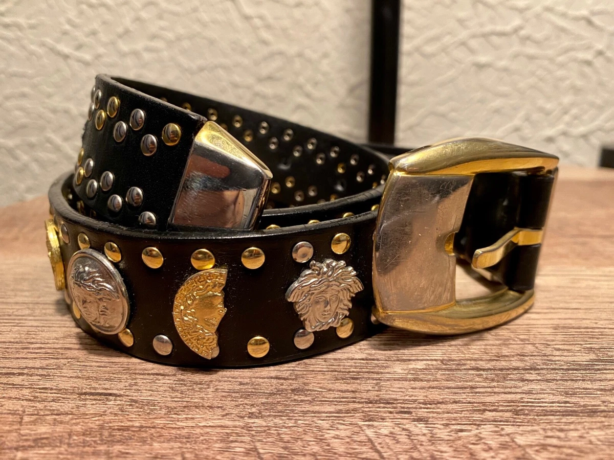 Rare Vtg Gianni Versace Black Leather Gold Medusa Belt S