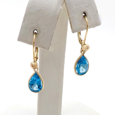 14k Gold Genuine Blue Topaz December Birthstone Dangle Leverback Earrings