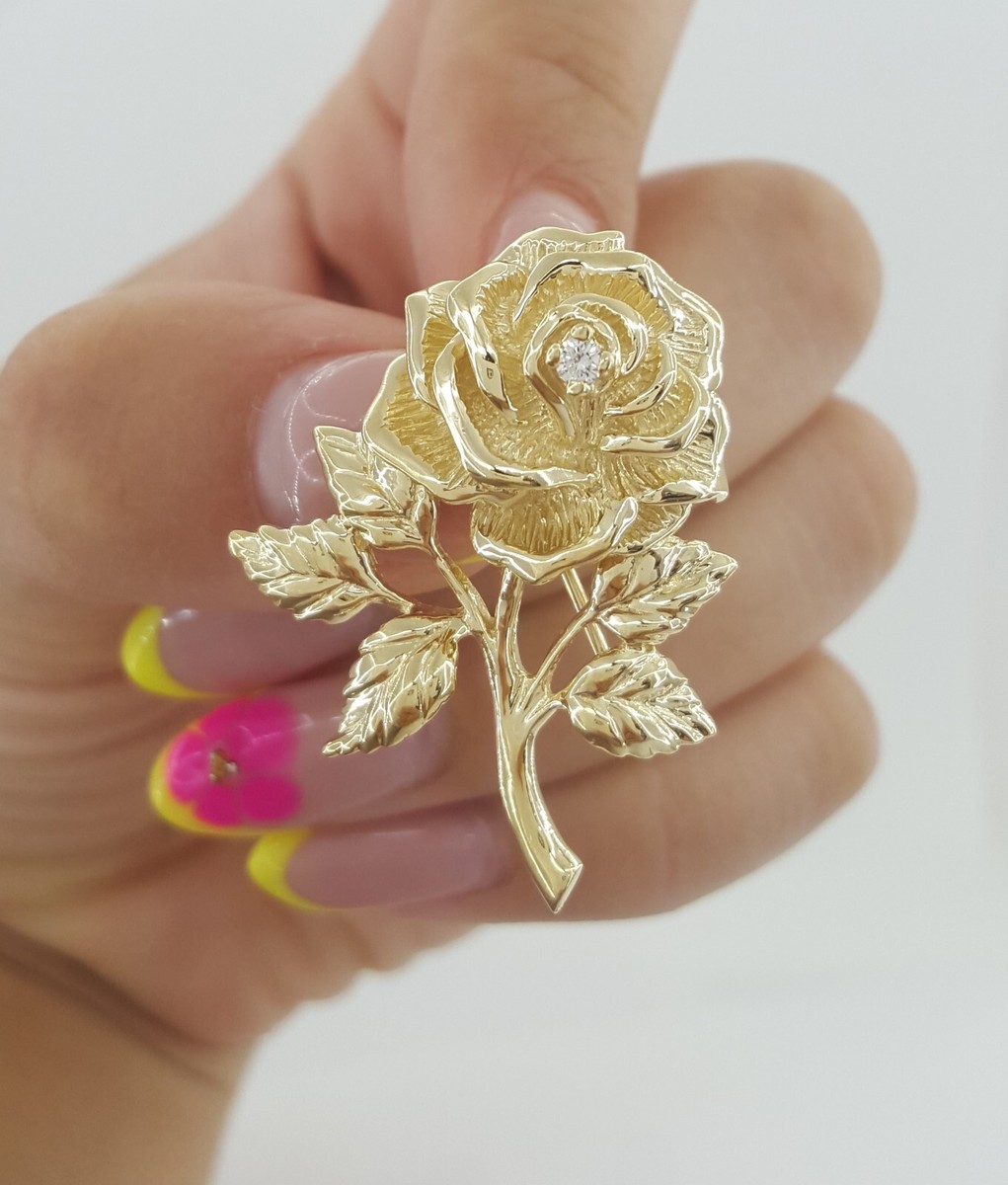 Vintage Tiffany & Co Diamond Rose Flower Brooch Pin 14k Yellow