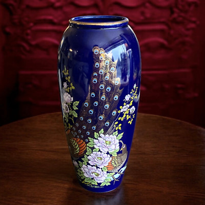 Kutani Cobalt Blue Urn Pheasant Peony Vase Gold Trim Ceramic VTG Japan 10'' EUC
