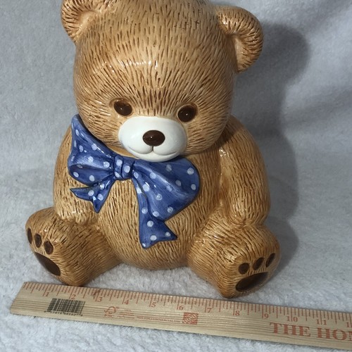 Vintage Theodore Teddy Bear Cookie Jar with Blue & White Polka Dot Ribbon Bow - Picture 21 of 22