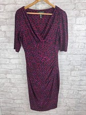 Lauren Ralph Lauren Dress 10 Red Purple Pink Faux Wrap Ruched 3/4 Sleeve Stretch