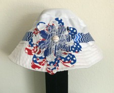 Hand-Made Little Girl's Bucket Hat in White w/ Baseball Theme Sz 2-6 years