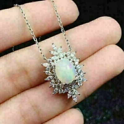 2Ct Oval Cut Lab Created Fire Opal Pendant 14K White Gold Plated Free Chain
