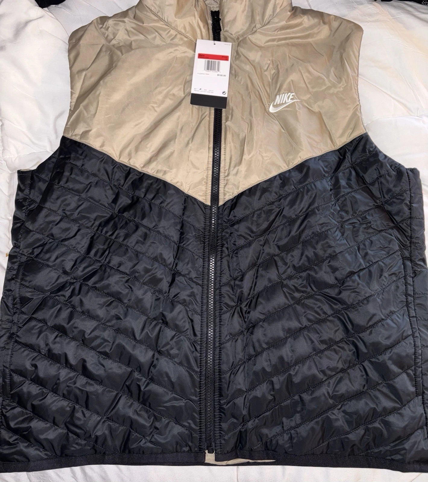 Nike Therma-Fit Full Zip Windrunner Puffer Vest Mens Large Black/Tan Beige Khaki