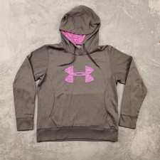 Under Armour Storm Hoodie Womens Medium Gray Fleece Pullover Pink Big Logo