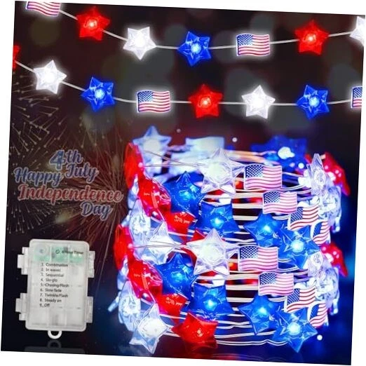Red White and Blue Star String Lights, 16FT 50 LED Red White Blue Star Flag