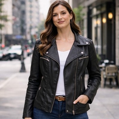 C22 Frida G London Moto Jacket Faux Leather Biker Style Black Size Large