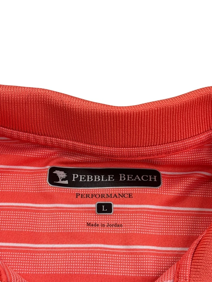 Pebble Beach Striped Polo Shirt Mens Size L Orange White Polyester Golf - Image 3 of 4