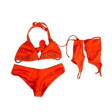 Vintage Neon Orange Studded Bikini Set w Arm Sleeves Grommet Detail Size Small