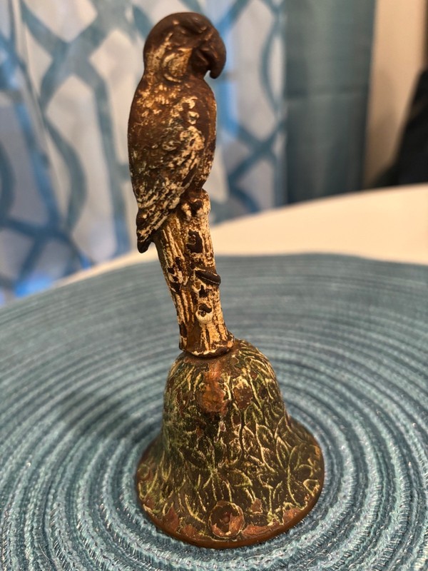Hubley 1920s antique toy castiron brass parrot dinner bell.