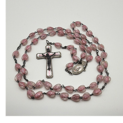 Pink Glass Bead Christian Rosary w/ Crucifix St. Jude Medal Italy Brevetto