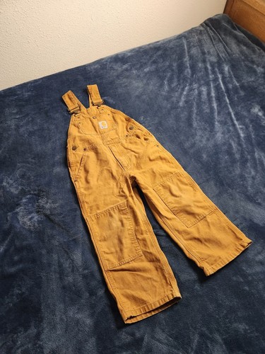 Vintage Carhartt Canvas Double Knee Bib Overalls Youth Size 4 Brown Western Play - Picture 2 of 9