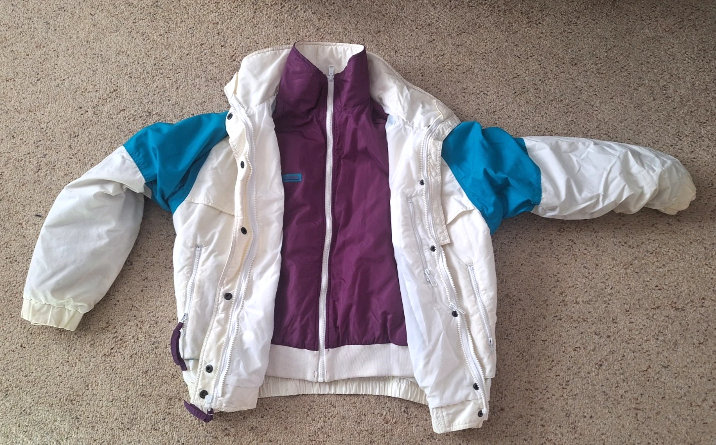 Columbia Womens 3-in-1 Ski Jacket XL Powder Keg Colorblock White Purple 90s-READ