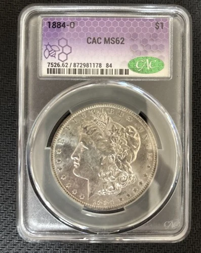 1884-O Morgan Silver Dollar $1  CAC MS62 Traderbea Purple Core