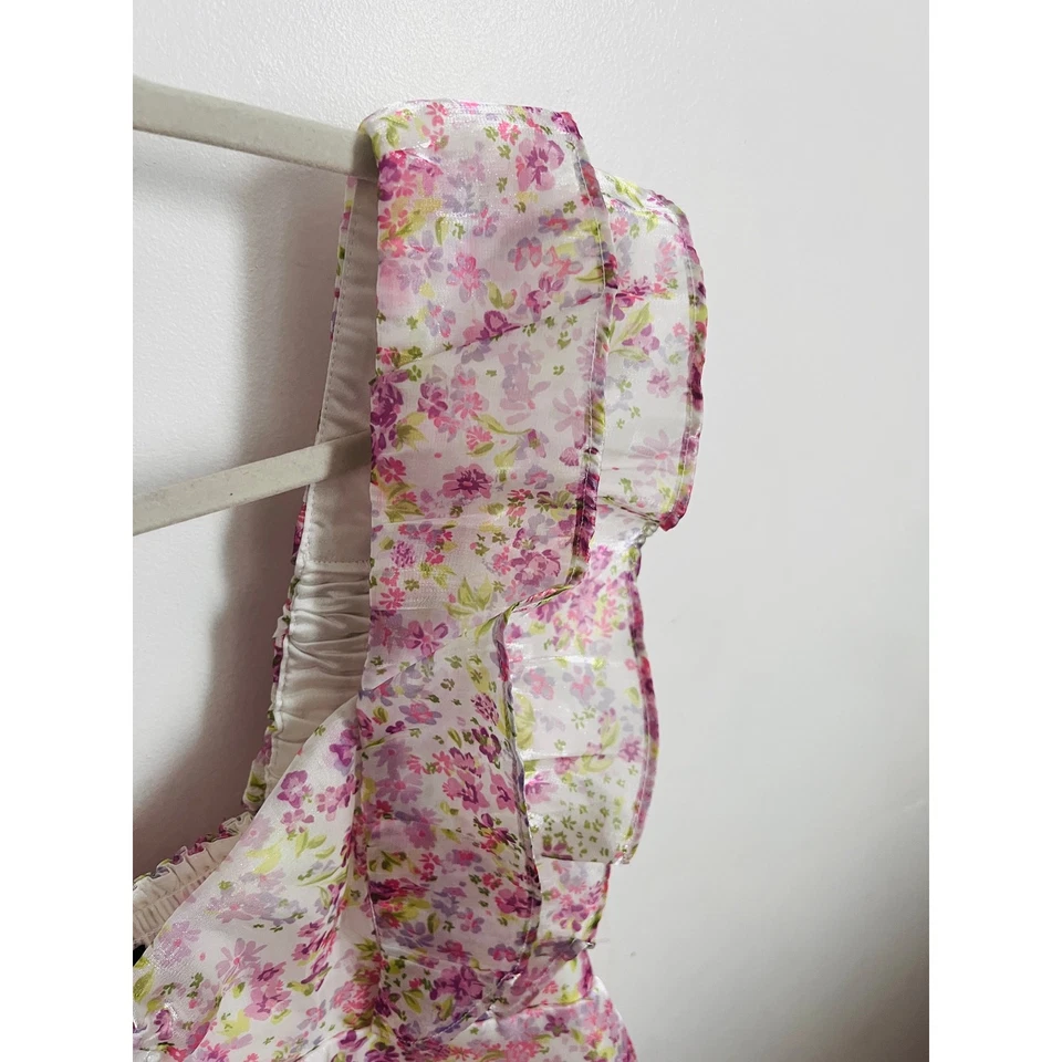 Wildfox Women's Top Size M White Pink Floral Ruffle Sleeveless Blouse Shirt Foto 4 de 4