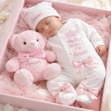 Newborn baby Boy Girl Hat Teddy Bear Blue pink Set sleepsuit personalised No Box