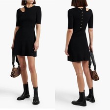 MAJE Black Cutout Ribbed-Knit Stretch Snap-Button Mini LBD Dress 34 = 2 US XS