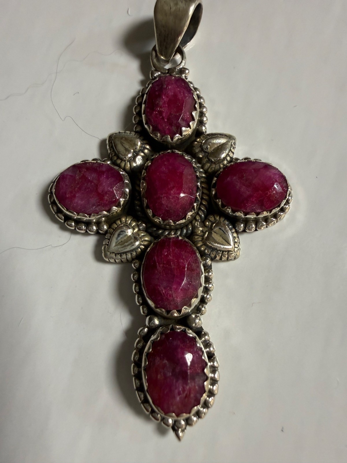 Lg Artisan Ruby Gemstone Cross Statement Pendant … - image 1