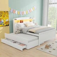 Full Size Platform Bed with Storage LED Headboard, Twin Size Trundle and 3 Drawe