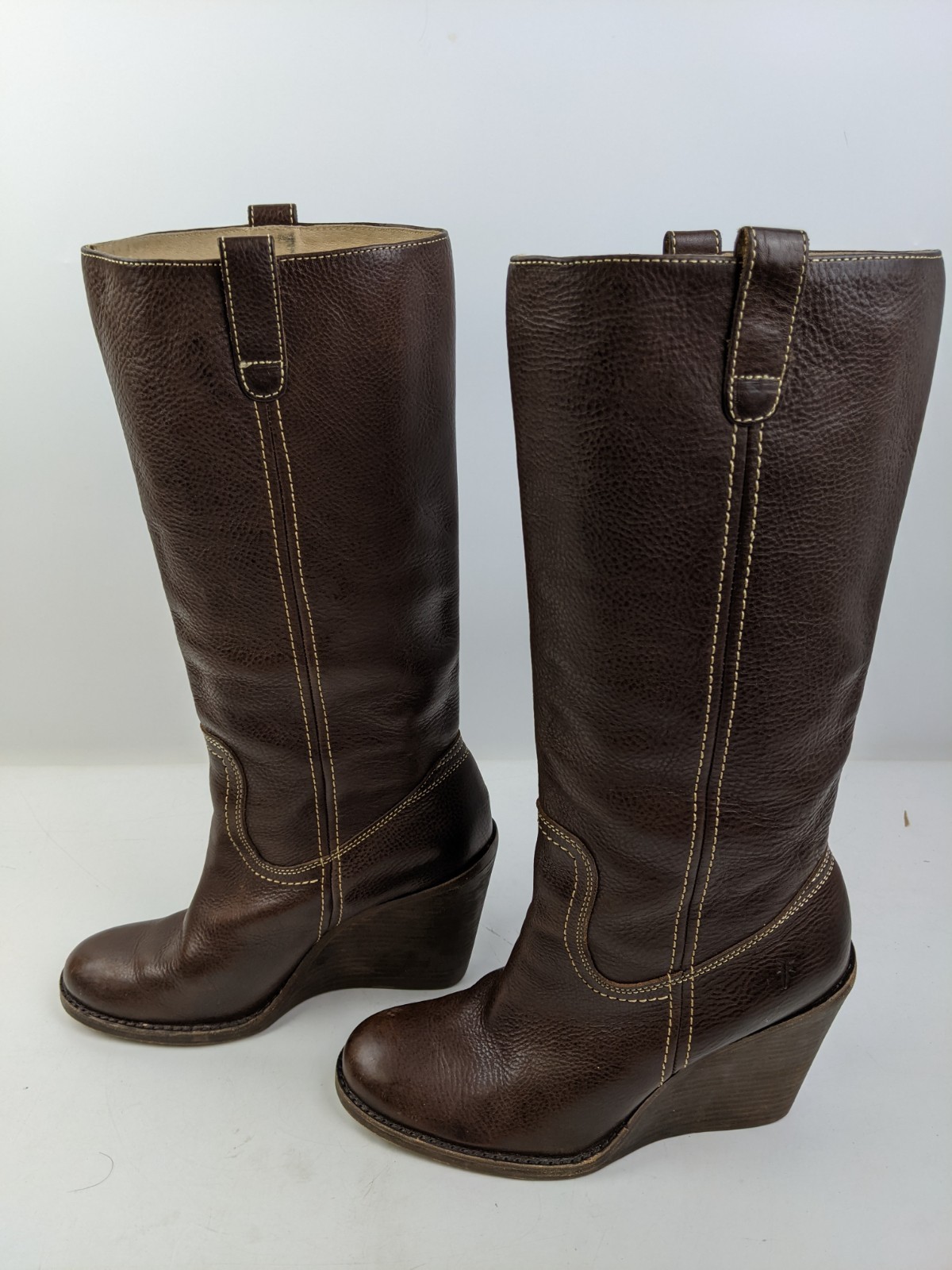 Frye Caroline Campus Boots Women Size 9.5 Brown Leather Wedge Heel Tall Riding image 3