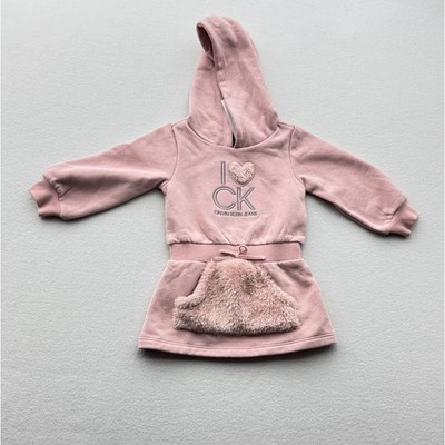Calvin Klein Jeans Girls Pink Hoodie Dress Faux Fur Heart Pocket 18M 3J01103-99