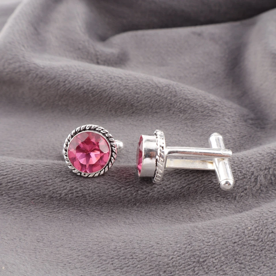 Pink Tourmaline Gemstone 925 Sterling Silver Men's Cufflinks Jewelry Gift For - Image 2 of 3