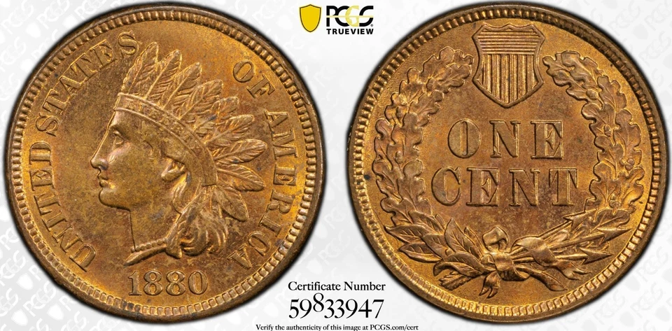 Indian Head Cent 1880 PCGS MS-64 RB! About 85-90% Red! Superb near-Gem! - Image 3 of 4