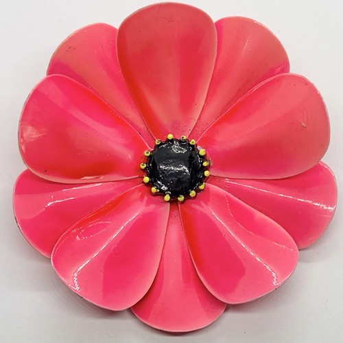 Vintage 1960s Hot Pink Enamel Flower Brooch Pin Mod Retro Mid Century Poppy