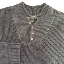 Vintage Eddie Bauer Men Henley Pullover Green Sweater Size M Distressed Chunky