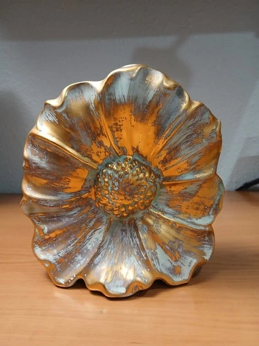 Vintage Stangl pottery hand painted antique gold & aqua flower shaped vase #5134