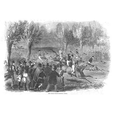 PFERDERENNEN Die große französische Steeple Chase - antiker Druck 1846