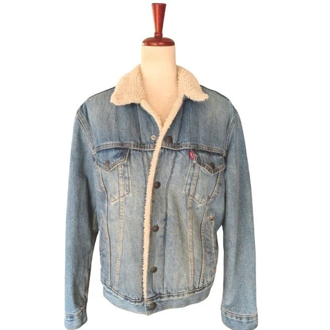 Levis Mens Sherpa Lined Trucker Jacket Light Wash Blue Denim Small Unisex