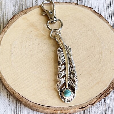Turquoise Silver Feather Western Zipper Pull Keychain Purse Charm