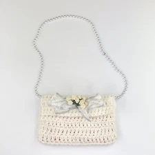 Girl's Crochet Purse White Small Bag w/Beaded Strap, Rose Bow Handmade