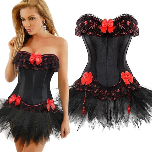 Ladies Lace Strapless Up Burlesque Corset Fancy Dress Costume Overbust Top&Tutu - Picture 17 of 31