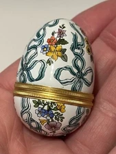 Halcyon Days Enamels Mini Egg Shaped Trinket Box Flowers Bows Ribbons