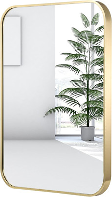 Gold Rectangular Wall Mirror 24x36 Inch, Brushed Brass Frame, Versatile Design