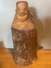 HAND CARVED ‘HAPPY’WOOD BUDDHA SCULPTURE from Solid Wood Log. 11” Tall