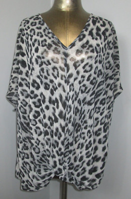 She + Sky Gray Animal Print Draped Top Women 1XL Chest 52 Sheer V-Neck 215-32809