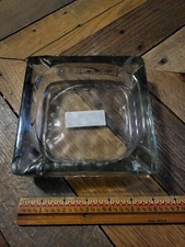 VINTAGE SMOKE GRAY GLASS ASHTRAY-MEASURES 6" X 6" X 2"-DIMPLED GLASS W/ 4 SLOTS