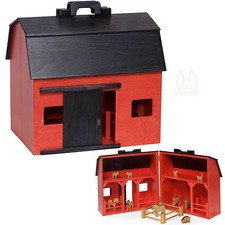 LARGE TOY WOOD RED BARN Complete with Farm Animals  Fence - Amish Handmade USA