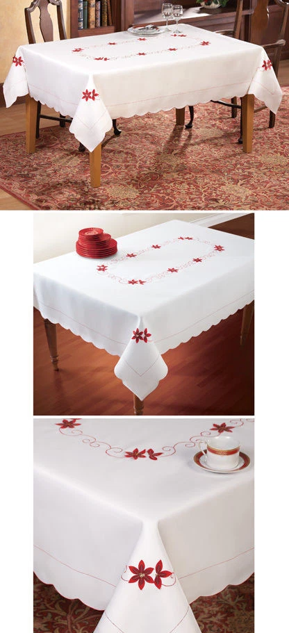 Poinsettia Tablecloth Embroidered Scalloped Edges 60"x80" Christmas Decorations - Image 2 of 2
