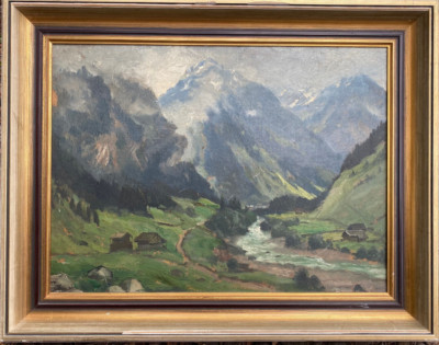 ::MOUNTAINS RIVER HUTS FOREST CLOUDY ROCKS PATHS VALLEY OIL PAINTING